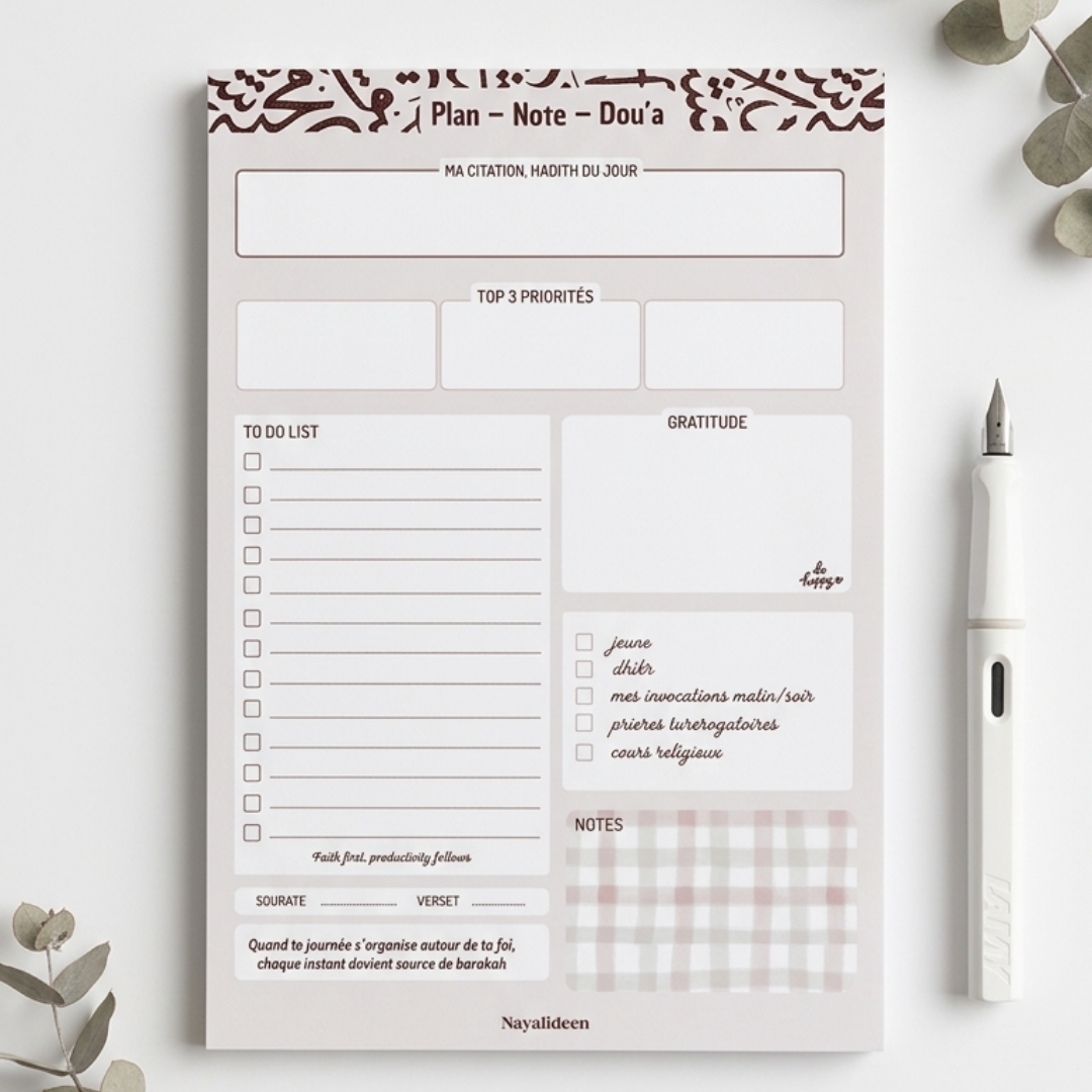 bloc note islamique, planning quotidien islamique, planner quotidien